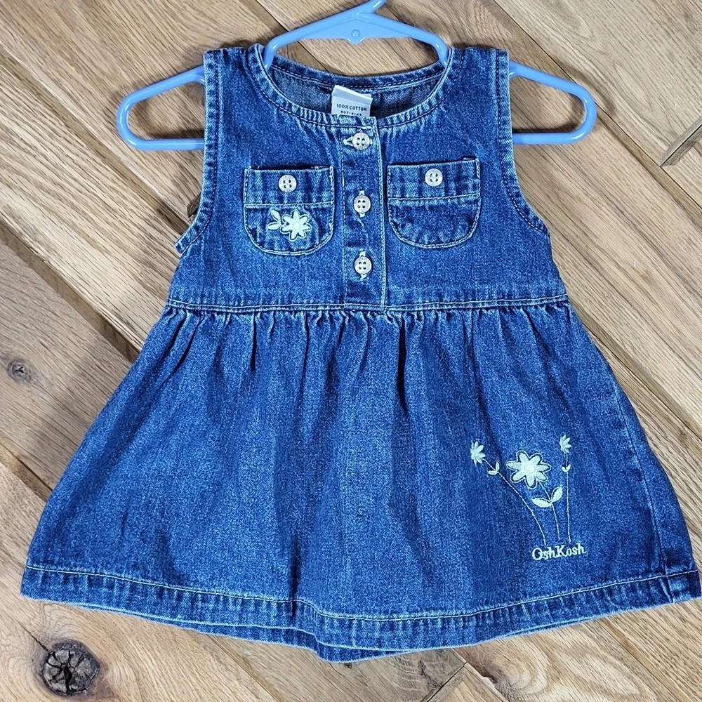 OshKosh B'gosh Denim Dress Baby Girl 6-9M Floral Embroidered Blue